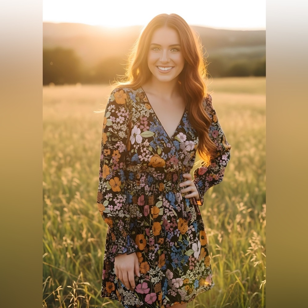 Wayf Black Floral Long Sleeve Mini Dress Size Large By Anthropologie